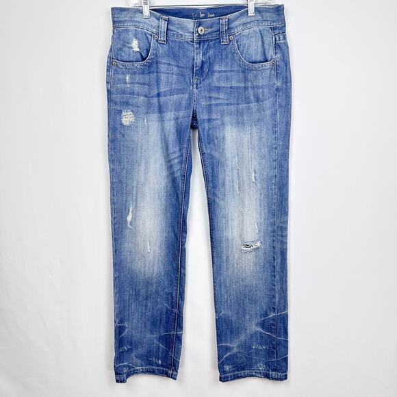 Vintage 90s Y2K London Jeans Boyfriend Straight Sz 8 Distressed Blue Denim Patch - Picture 1 of 11